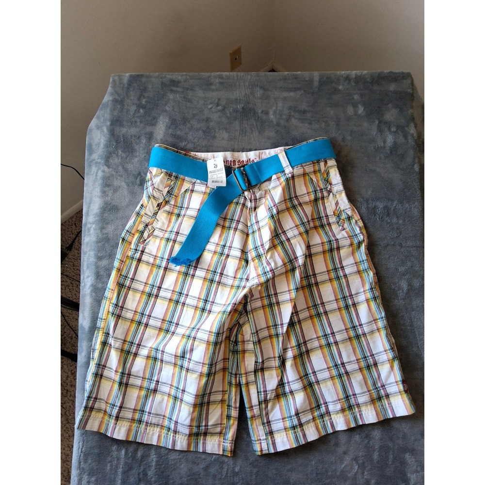 Seven Souls Mens Plaid Shorts Beetroot Multi Color Check with Blue Belt Size 36